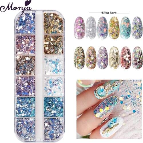 Monja 12 Grids/Box Nail Art Colorful Mermaid Sequins UV Gel Polish Sparkly 3D Hexagon Glitter Flakes Shining Manicure Decoration