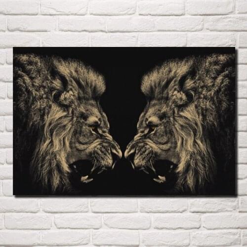 Lions animal predator black and white artwork long teeth DW135 living room home wall art decor wood frame fabric posters
