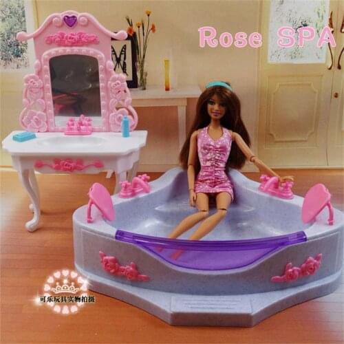 For Barbie Doll Furniture Accessories Plastic Toy Rose Bathroom Bathtub Dressing Table Mirror Soap Play House Gift Girl DIY