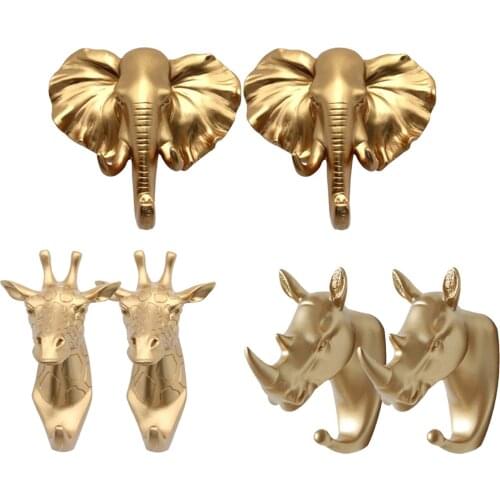 Resin Animal Head Hook Hanger Rack Wall Mount Gold Elephant + Rhino +Giraffe