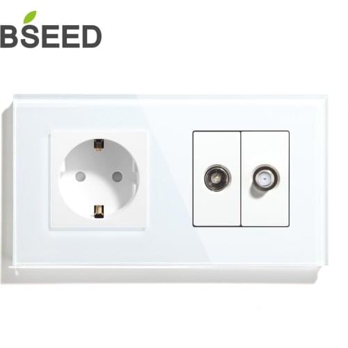 BSEED Wall Socket TV Satellite With EU Standard Electrical Plugs Sockets Crystal Glass Panel White 3 Colors Outlets