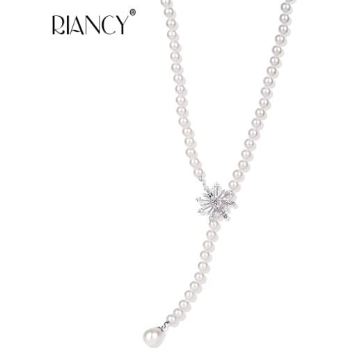 2019 New fashion Elegant Shell white Imitation Pearl Necklace 80cm adjustable shell Beads Sweater chain for women gift