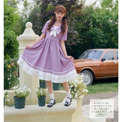 NONSAR Japanese College Style Dress Navy Collar Large Hem Long Loose Purple Dress Student Summer Short Sleeve