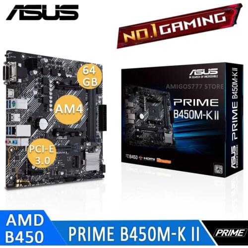 Socket AM4 Asus PRIME B450M-K II Motherboard AMD Ryzen M.2 SSD USB3.1 Gen2 VGA DVI HIFI Desktop AMD B450 Placa-Mãe AM4 New