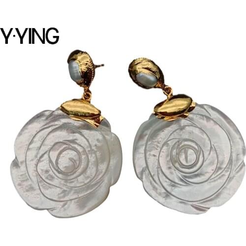 Y·YING White Mop Shell carved Flower White Pearl Gold color Plated Stud Earrings cute Drop earrings