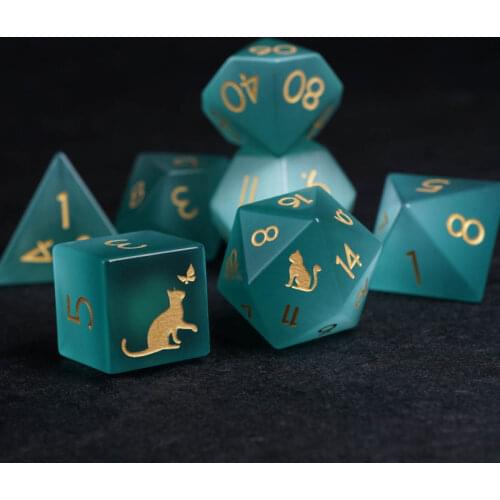 Green Cats Eye Polyhedral Dice Set Handmade Engrave Stone Kitten Paw Geometry Dice For DND RPG COC Borad Games D20 D12 Custom