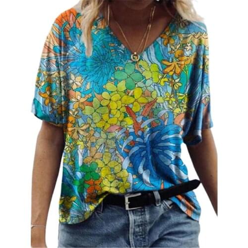 2021 Summer Tops 3XL Women Plant Flowers Print T Shirt Short Sleeve V-Neck Casual Loose Street Tee Fashion Female Oversized Tops