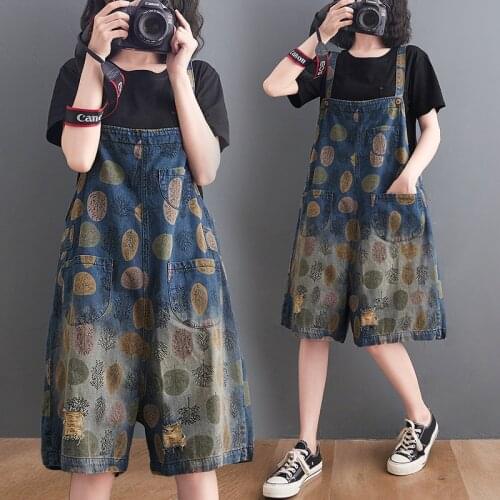 6502 Summer Denim Playsuit Women Hole Streetwear Korean Style Wash Leaves Printing Romper Cute Sweet Girl Pocket Thin Jumpsuit