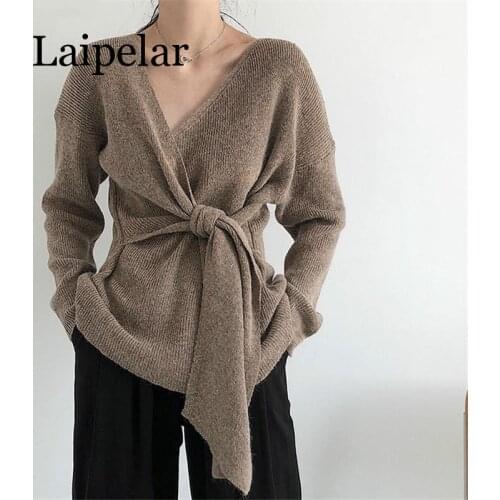 Laipelar Sweater Feminine Korean Waist Lace Up Women Sweaters Solid Irregular V-Neck Casual Knitted Sweater