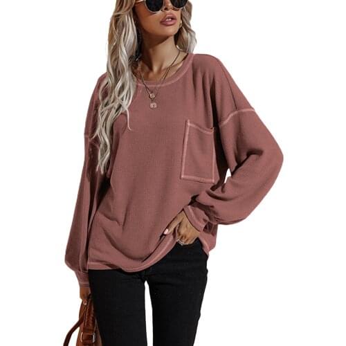 New Women Loose Casual Pullover Tops Solid Color Batwings Sleeve Round Collar T-Shirts with Pocket Autumn Clothes Shirts Top