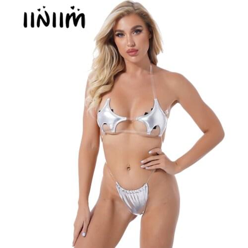 Womens Metallic Shiny Lingerie Bikini Suit Swimsuit Halter Transparent Straps Pentagram Shaped Removable Padded Bra with Briefs