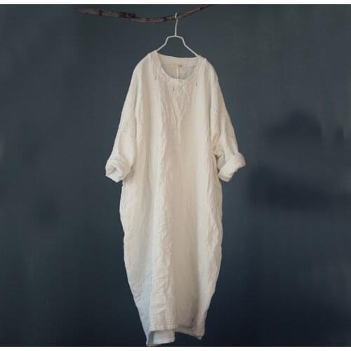 2019 Women Spring Autumn Cotton Linen Plus Size Dress Embroidery Ladies Solid Color Loose Robe Dress Female Dresses