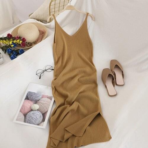 Pure Color Split Body Sling Dress Women Korean Self-Cultivation New Double V-Neck Versatile Temperament Base Long Dress