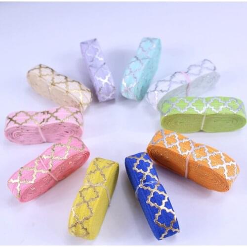 20yards/lot 2yards each color 5/8''fold over elastic FOE gold foil and silver foil big quatrefoil printed headband hair tie diy