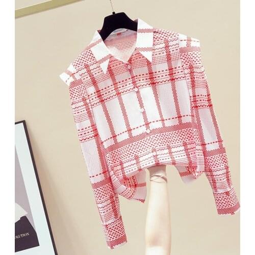 Women 2021 Autumn Fashion Oversized Vintage Long Puff Sleeve Loose Blouses Female Chic Plaid Turn Down Collar Tops Shirts T19