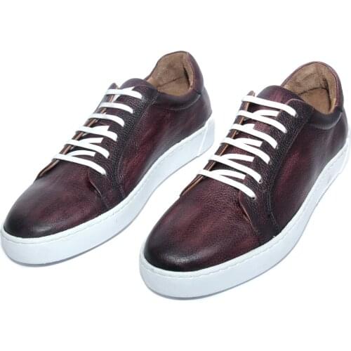 Handmade Maroon Burgundy Sport Sneakers with Natural Calf Skin Leather, Striped Antique Floater Leather, Mens Casual Shoes
