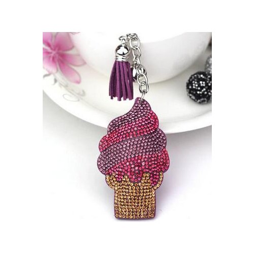 10pcs/lot Handmade Ice cream Shape Keychains Alloy Leather Tassel Car Keyring With Rhinestone ice cream key ring