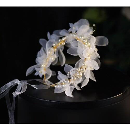Elegant Women Headdress Golden Alloy Pearl Mesh Flowers Head Band Earring Set for Wedding Perform Studio Travel Photo HP072