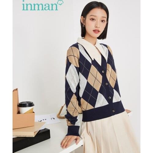 INMAN Autumn Womens Cardigan Vintage Distressed Diamond Plaid Knitted Top Slim V-Neck Casual Loose Sweater