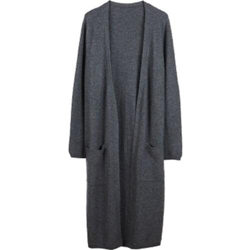 Pure wool solid thick knit women korean style Vneck pockets long cardigan sweater claret 5color M-XL