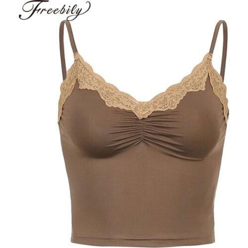 Summer Fashion Brown Y2K Cami Tops Women Lace Trim Cute Kawaii Clothes V Neck Sexy Vintage 90s Aesthetic School Girl Crop Top