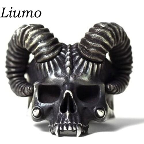 Liumo Vintage Punk Style Satan Goat Skull Silver Color Men Biker Statement Alloy Ring Lr1329