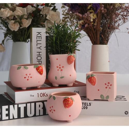 Mini Ceramic Succulent Plant Pot Handmade Pink Cute Strawberry Desktop Vase Decor Flower Pot Bonsai Planter Home Garden Decor