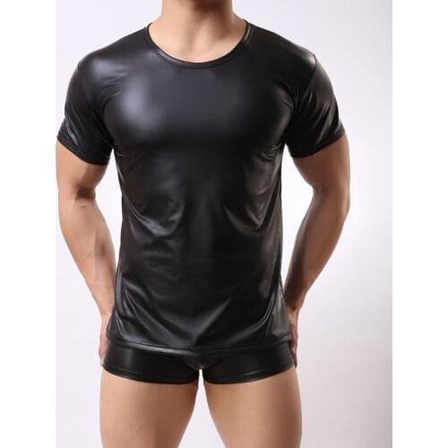 Mens Sexy Underwear Patent Leather Vest Skinny Leather Bar Stage Performance Short-sleeved Clothes Erotic Lingerie Plus Size