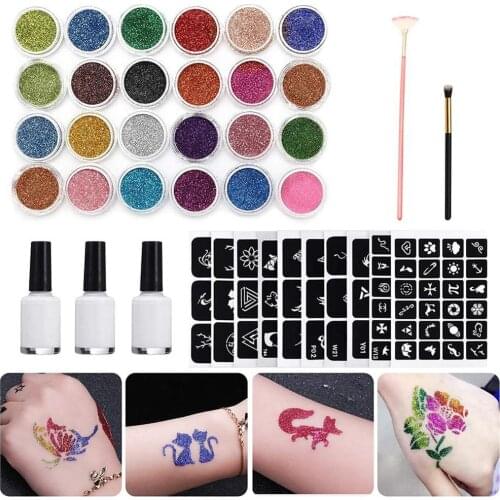 Glitter Tattoo Kits 24 Color 125 Templates Flash Diamond Flash for Temporary Tattoo Set Kids Face Body Painting Art Tools Set
