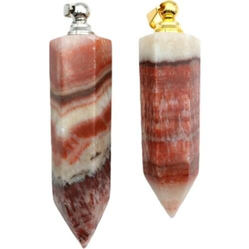 Natural Rhodonite Perfume Bottle Pendant Essential Oil Diffuser Hexagon Prism Pointed Stone For NecklaceCrystal Vial