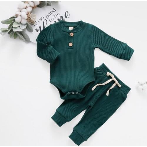 2021 Autumn New Product Knitted Pure Cotton Pit Strip Solid Color Comfortable Romper Trousers Long Sleeve Two-piece suit