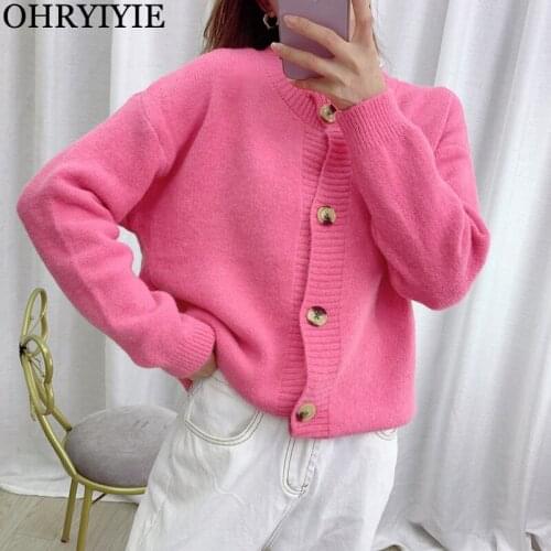 OHRYIYIE Pink Slim Cardigan Women 2021 Autumn Winter O Neck Long Sleeve Sweater Female Knitted Jackets Coat Purple Clothes Lady