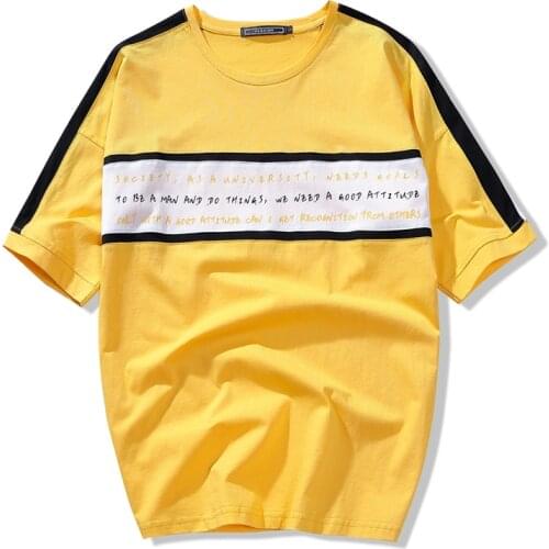 Hong Kong Style Popular Patchwork Teens Men Tshirt 100% Cotton Loose Fashion Tee Top Summer Yellow Loose Letter Print Streetwear