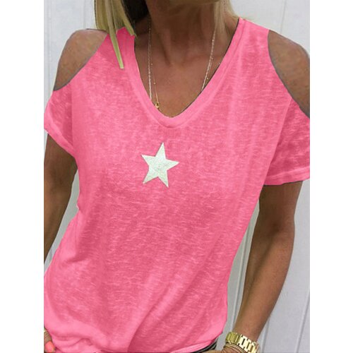 Hot Women T-Shirt Summer Cold Shoulder Star Print Plus Size T-Shirt V Neck Solid Color Top Oversized T Shirt Womens Clothing