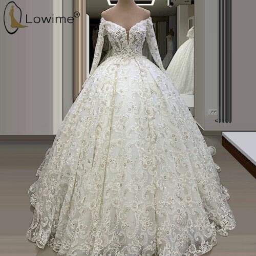 Luxury Heavy Beading Lace Wedding Dresses Off Shouler Long Sleeve Ball Gown Count Train Bridal Gowns Vestidos De Novias