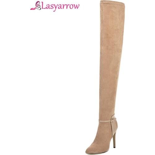 Lasyarrow Flock Buckle Over The Knee Boots Thin Heel Black Party Thin High Heel Boots Women Pointed Toe Sexy Heels Elegant J1117