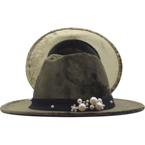 Women Panamas Hats Golden Velvetl Band Pearl Fedora Hats Men Women Jazz Caps Casual Formal Wedding Dress Felted Hats