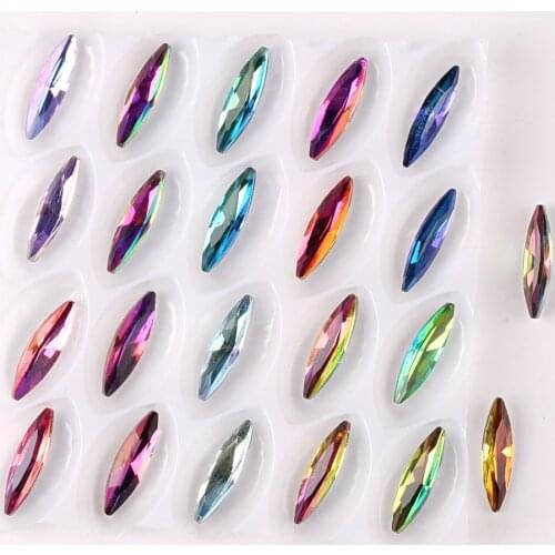 Glass crystal 4*15mm slim Navette shape Rainbow & Jelly candy ABcolors point back Glue on rhinestone beads applique diy trimming