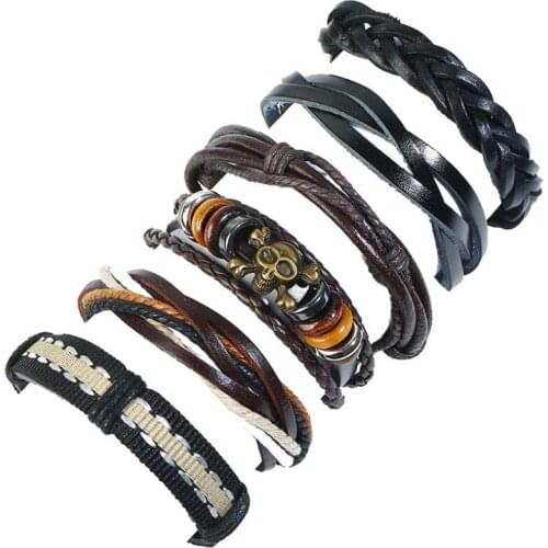 Vintage Punk Skull Men Bracelet Black Skeleton Charm Weave Braided Leather Rope Wax Cord Bangle Women Wristbands Fashion Jewelry