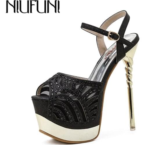 Genuine Leather Women Sandals Peep Toe Rhinestone Gladiator Plus Size 41 Platform High Heels Stiletto Buckle Wedding For Women