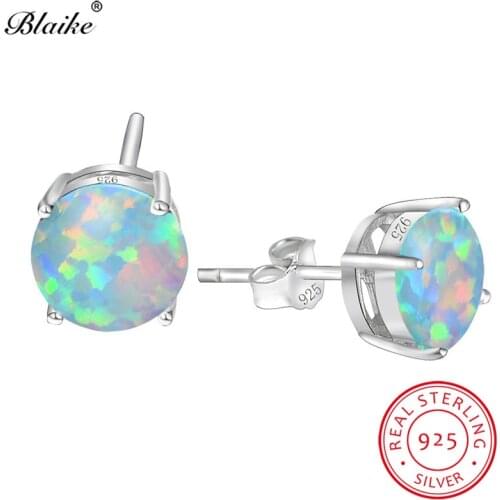 Blaike Real 100% 925 Sterling Silver White/Blue/Green Opal Stud Earrings For Women Mystic Rainbow Zircon Earrings Fine Jewelry