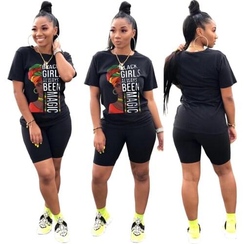 S-XXL Ladies Casual Text Printed Sports Suit Short Sleeve Round Neck Shorts Two-piece Suit