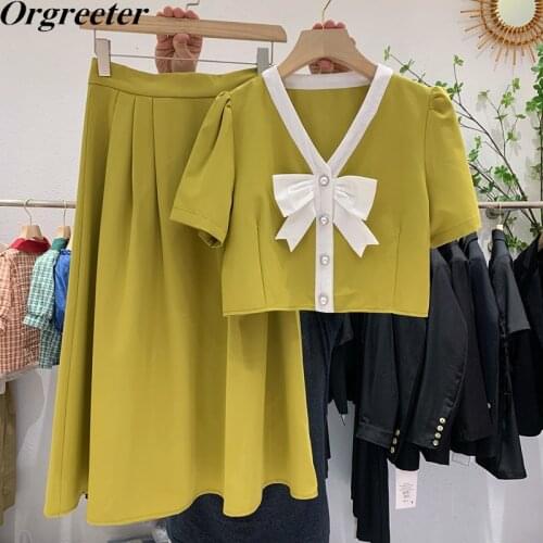 Vintage Hepburn style Pearl Button V-neck Puff sleeve Bowknot Cropped Tops and High waist Long Skirt Two-piece Sets Women
