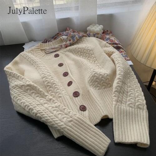 JulyPalette Vintage Knitting O-neck Women Cardigan Coat 2021 Autumn Long Sleeve Button Knitted Sweater Casual Basic Jumper Femme