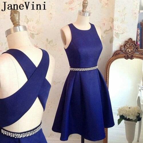 JaneVini Navy Blue Beaded Robes Cocktail Dresses Short Cross Back Girls Formal Party Dress Cocteleria Plus Size Satin Dress