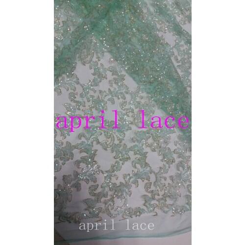 5yards HL185 light seafoam mint glued sparkle glitter mesh net tulle lace fabric for india african sawing /evening dress