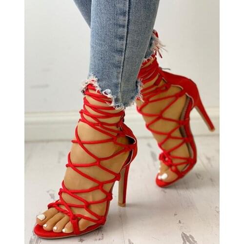 Shoes woman fashion narrow band flock leather gladiator sandals high heels open toe ladies stilettos sandalias de las mujeres