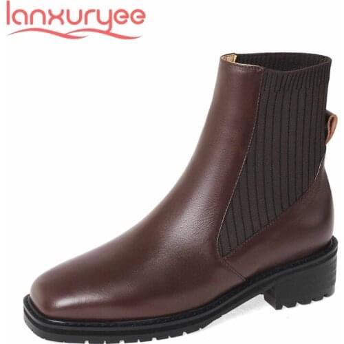 Lanxuryee stretch boots natural leather knitting patchwork square toe thick med heel slip on young lady vintage ankle boots L00