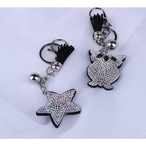 Pentagram Owl Studded With Rhinestone Key Chain Fashion Personality Tassel Key Ring For Women Statement Jewelry Accessories