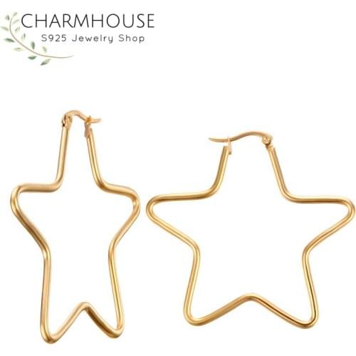 Charmhouse Hoop Earrings For Women Gold Color Big Star Stainless Steel Earing Brincos Femme Wedding Bridal Jewelry Wholesale